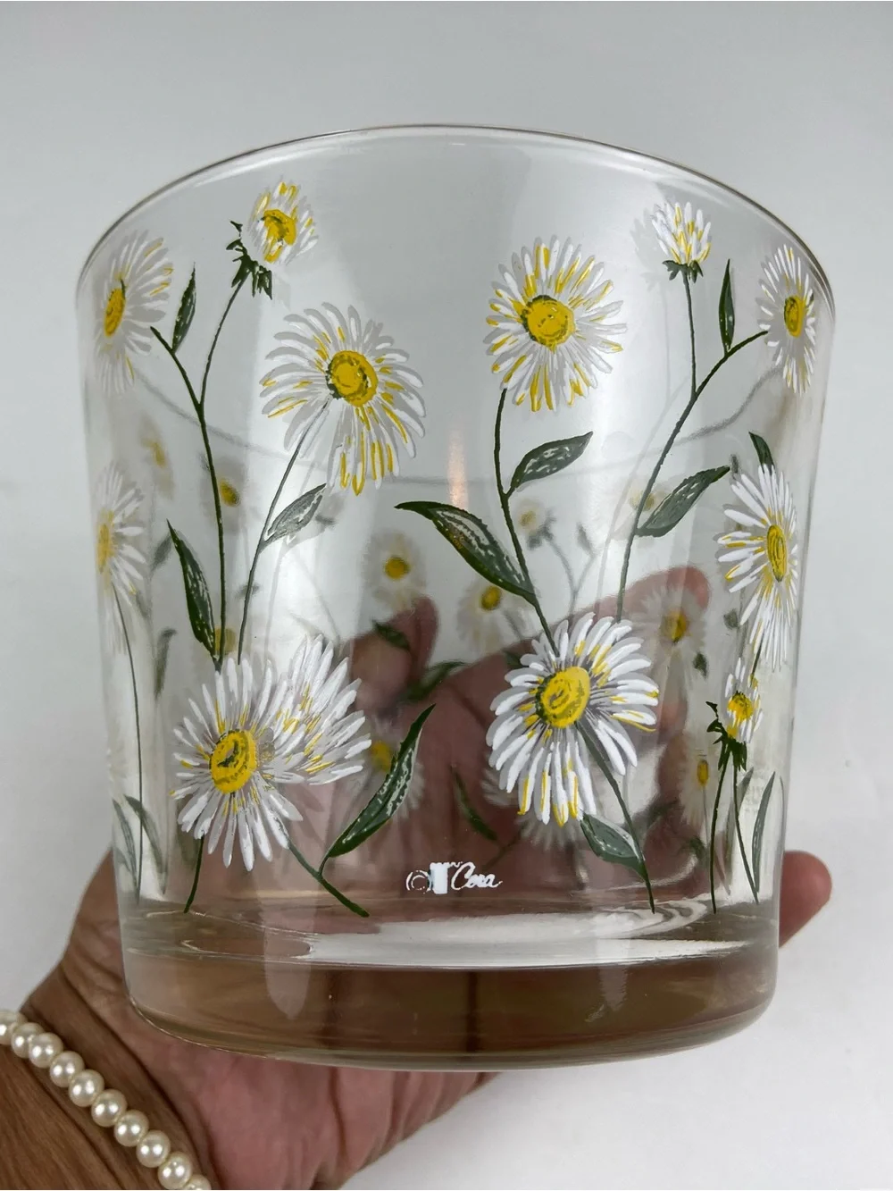 Vintage Cera Small Glass Ice Bucket With Daisy Motif Cottagecore Grandmillennial